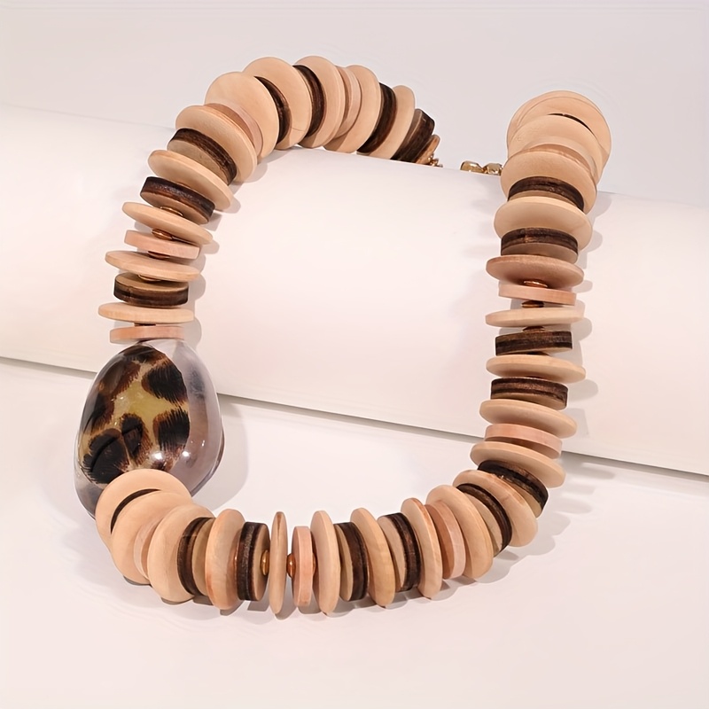 Brown Retro Wooden Beaded Necklace with Leopard Print Decoration